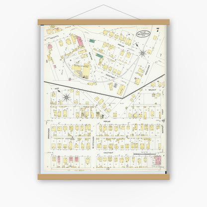 Old map wall art mockup — magnetic wood frame on white wall — Sanborn Fire Insurance Map from Nelsonville, Athens County, Ohio (1907), Sheet #0007