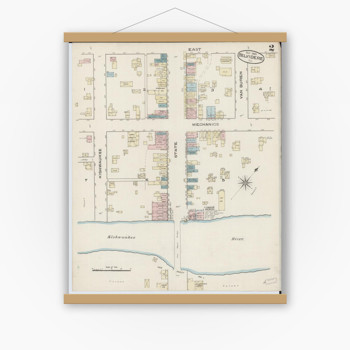 Old map wall art mockup — magnetic wood frame on white wall — Sanborn Fire Insurance Map from Belvidere, Boone County, Illinois (1885), Sheet #0002