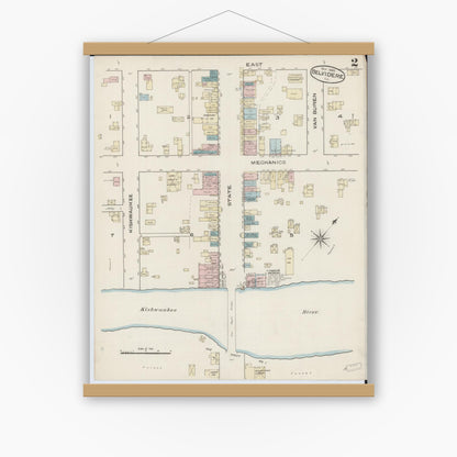 Old map wall art mockup — magnetic wood frame on white wall — Sanborn Fire Insurance Map from Belvidere, Boone County, Illinois (1885), Sheet #0002