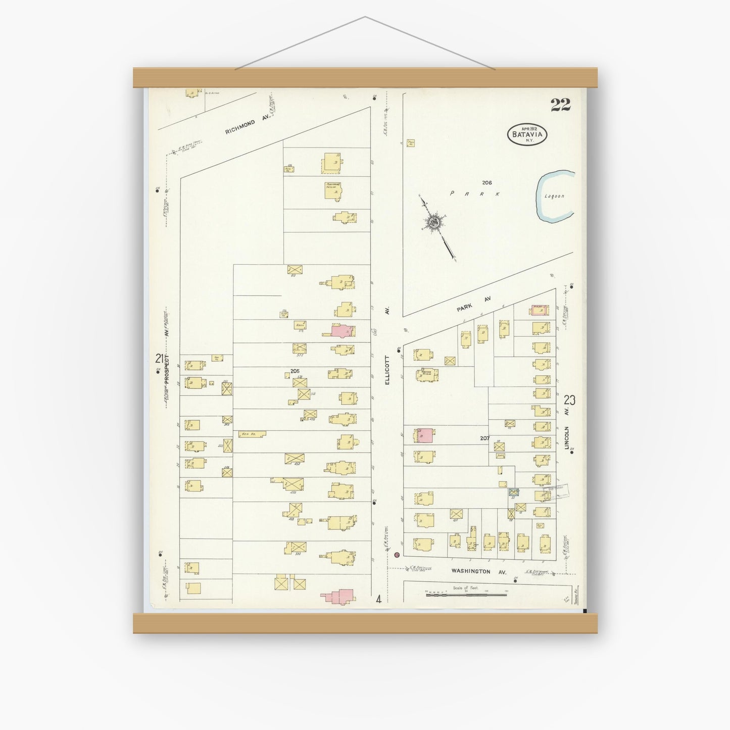 Old map wall art mockup — magnetic wood frame on white wall — Sanborn Fire Insurance Map from Batavia, Genesee County, New York (1912), Sheet #0022
