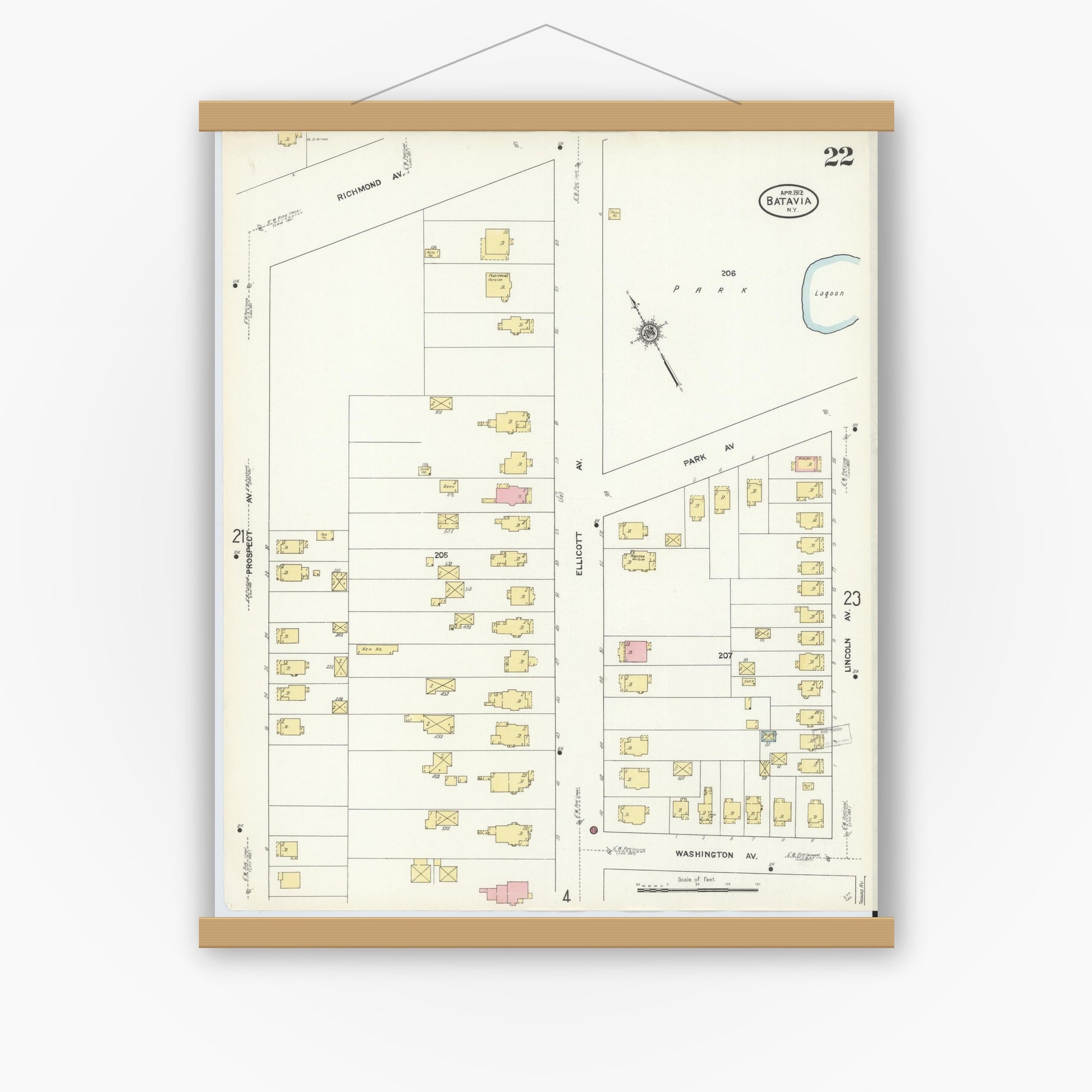 Old map wall art mockup — magnetic wood frame on white wall — Sanborn Fire Insurance Map from Batavia, Genesee County, New York (1912), Sheet #0022