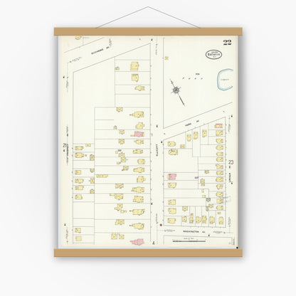 Old map wall art mockup — magnetic wood frame on white wall — Sanborn Fire Insurance Map from Batavia, Genesee County, New York (1912), Sheet #0022