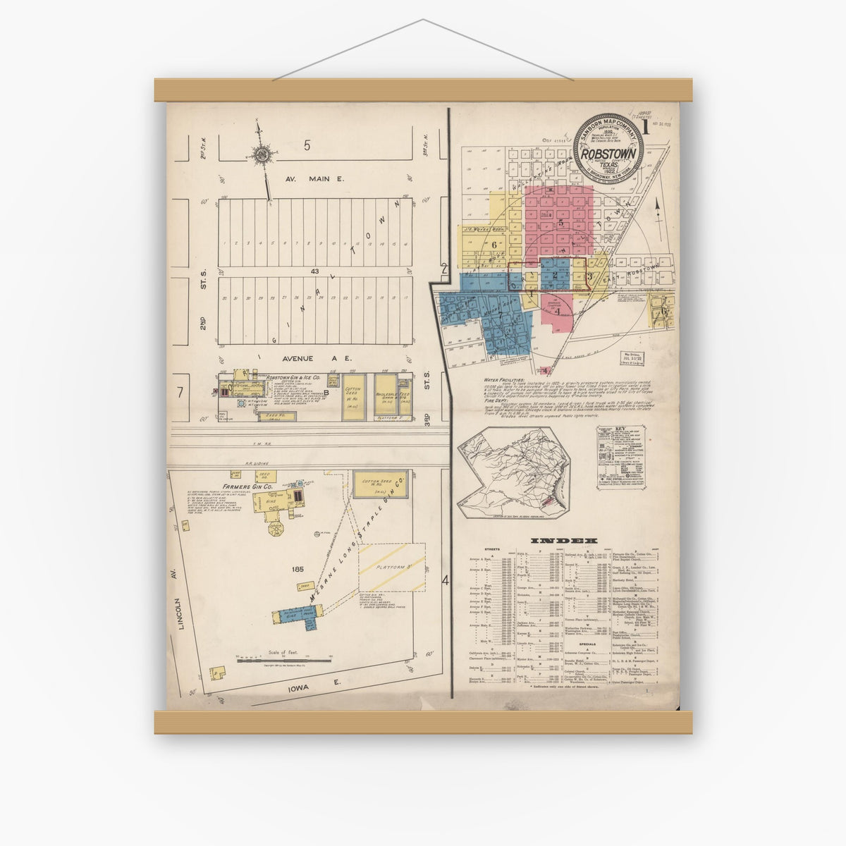 Old map wall art mockup — magnetic wood frame on white wall — Sanborn Fire Insurance Map from Robstown, Nueces County, Texas (1922) - Complete Map Set
