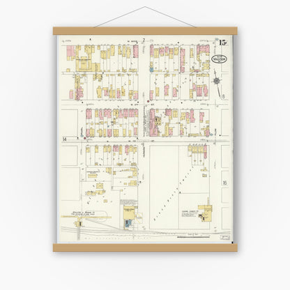 Old map wall art mockup — magnetic wood frame on white wall — Sanborn Fire Insurance Map from Madison, Jefferson County, Indiana (1911), Sheet #0015