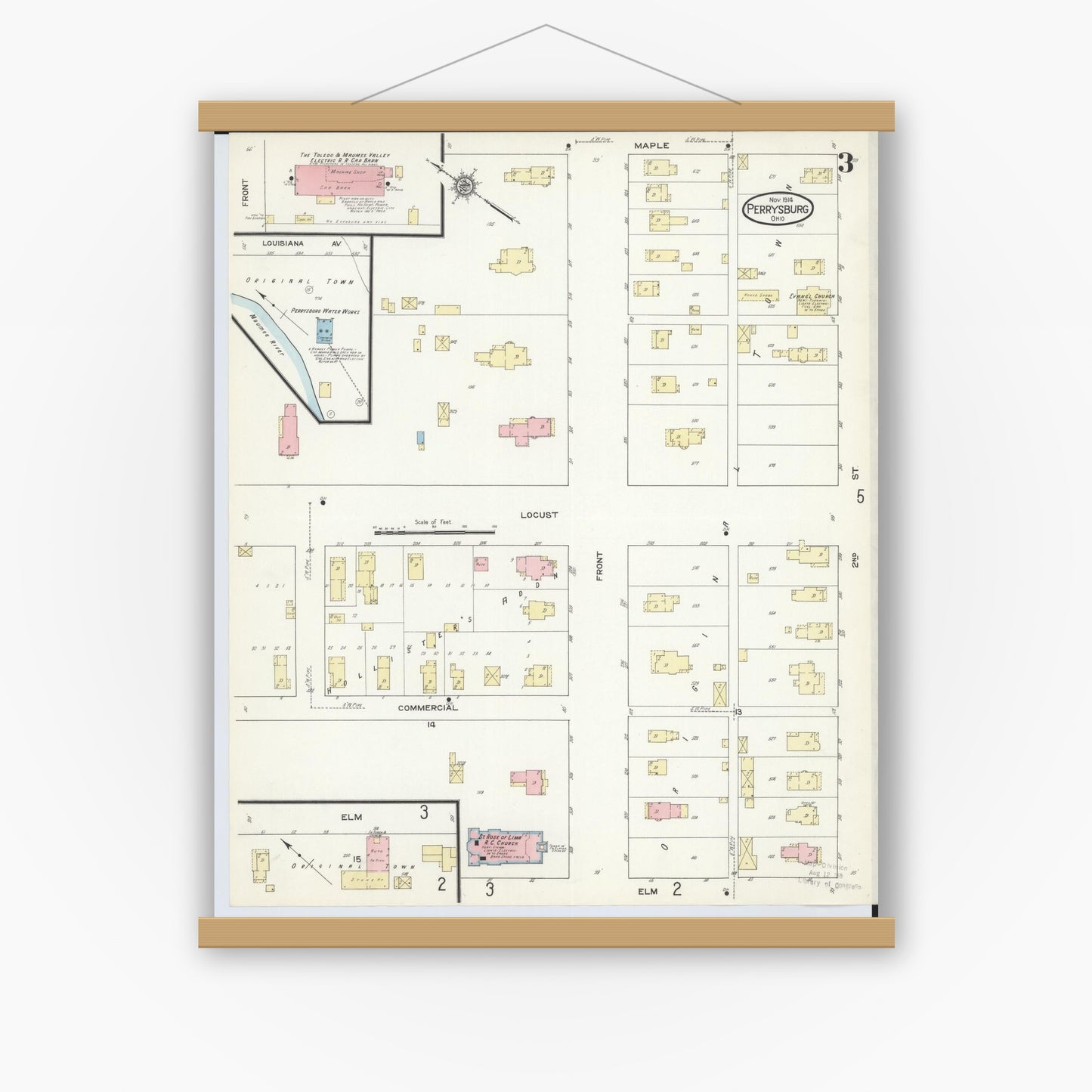 Old map wall art mockup — magnetic wood frame on white wall — Sanborn Fire Insurance Map from Perrysburg, Wood County, Ohio (1914), Sheet #0003