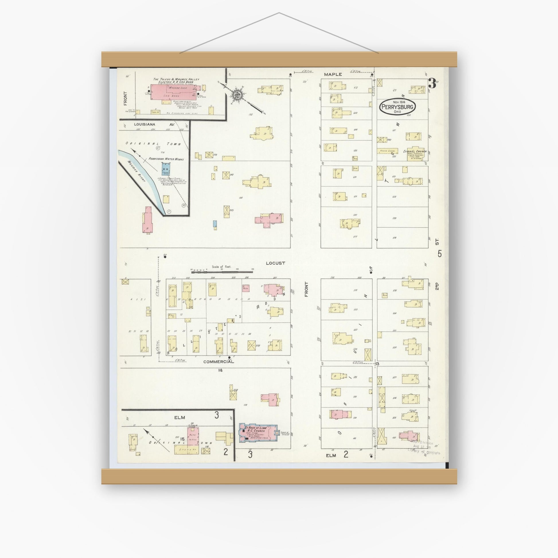 Old map wall art mockup — magnetic wood frame on white wall — Sanborn Fire Insurance Map from Perrysburg, Wood County, Ohio (1914), Sheet #0003