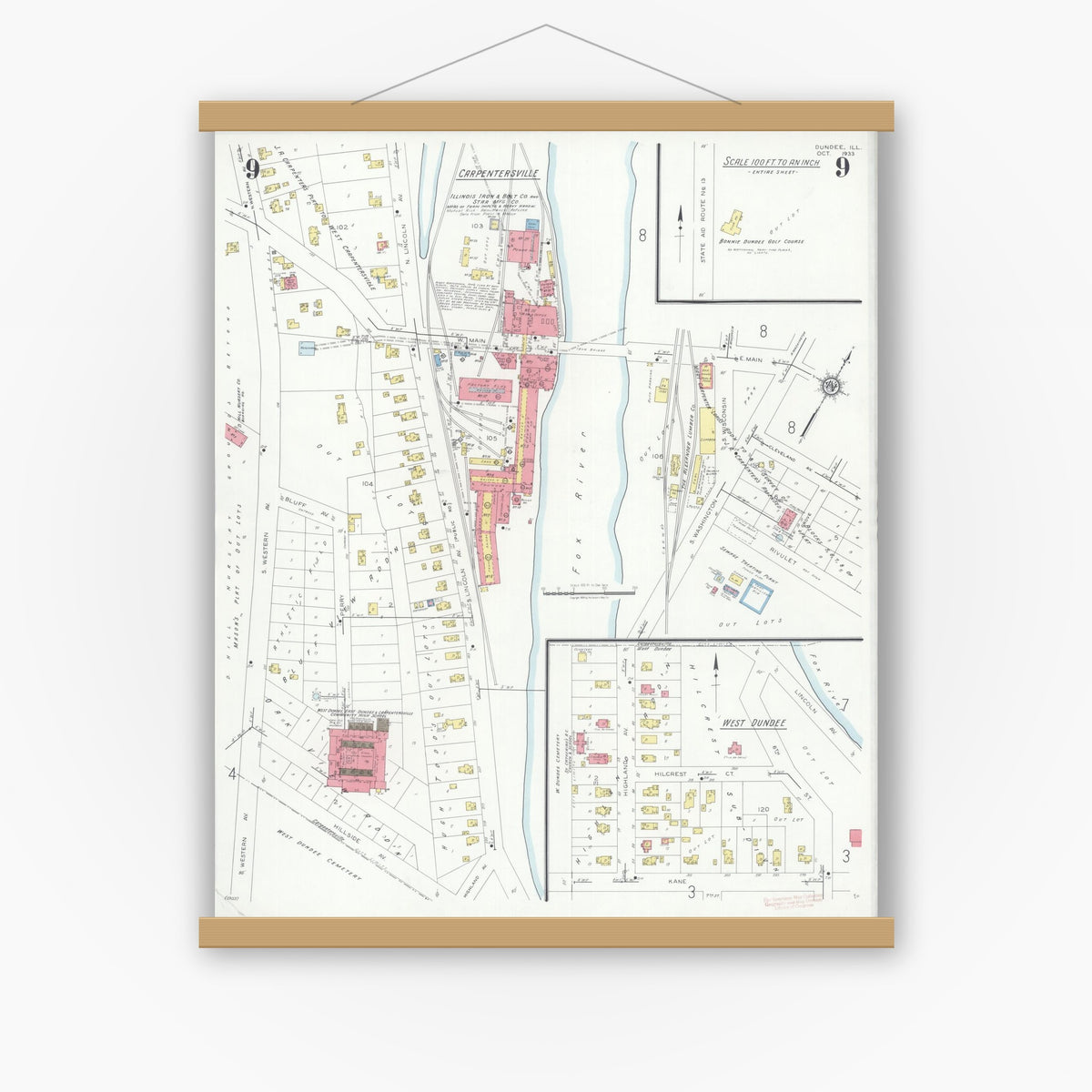 Old map wall art mockup — magnetic wood frame on white wall — Sanborn Fire Insurance Map from Dundee, Kane County, Illinois (1933), Sheet #0009