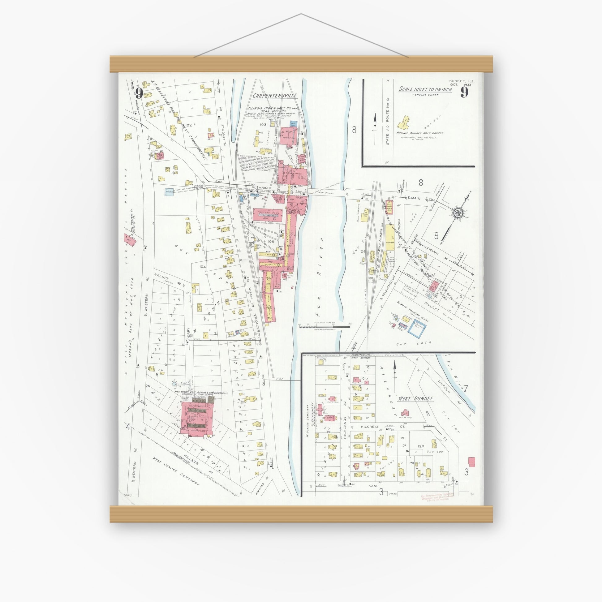 Old map wall art mockup — magnetic wood frame on white wall — Sanborn Fire Insurance Map from Dundee, Kane County, Illinois (1933), Sheet #0009