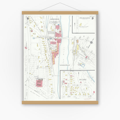 Old map wall art mockup — magnetic wood frame on white wall — Sanborn Fire Insurance Map from Dundee, Kane County, Illinois (1933), Sheet #0009