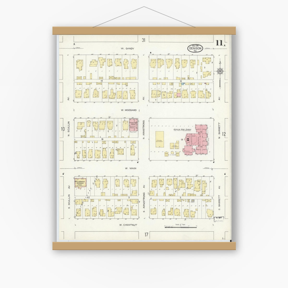 Old map wall art mockup — magnetic wood frame on white wall — Sanborn Fire Insurance Map from Denison, Grayson County, Texas (1914), Sheet #0011