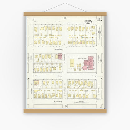 Old map wall art mockup — magnetic wood frame on white wall — Sanborn Fire Insurance Map from Denison, Grayson County, Texas (1914), Sheet #0011