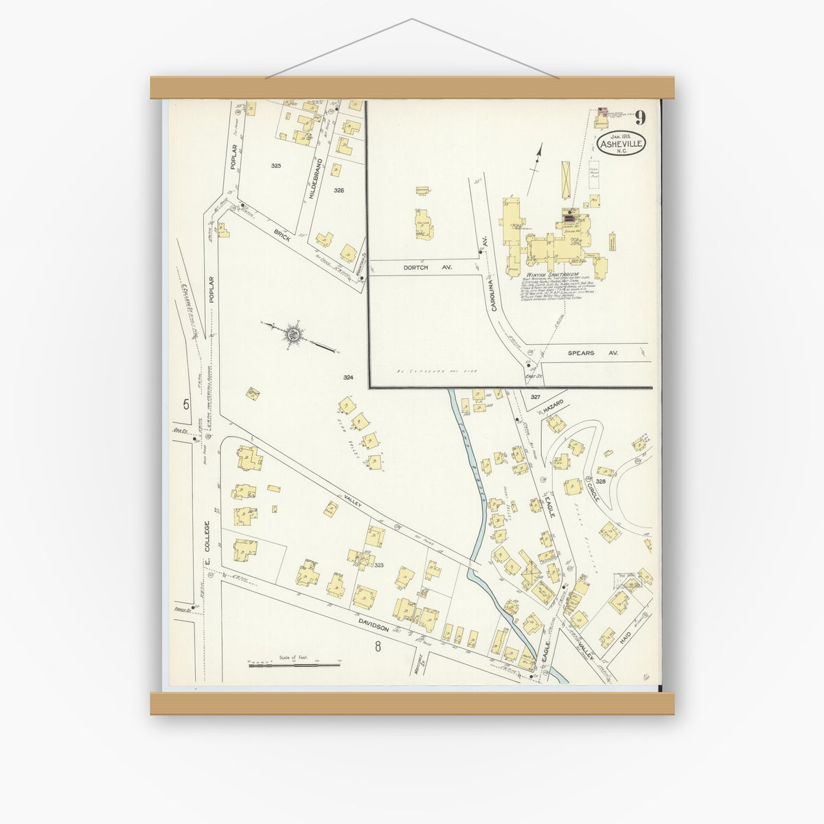 Old map wall art mockup — magnetic wood frame on white wall — Sanborn Fire Insurance Map from Asheville, Buncombe County, North Carolina (1913), Sheet #0009