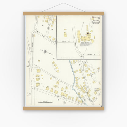 Old map wall art mockup — magnetic wood frame on white wall — Sanborn Fire Insurance Map from Asheville, Buncombe County, North Carolina (1913), Sheet #0009