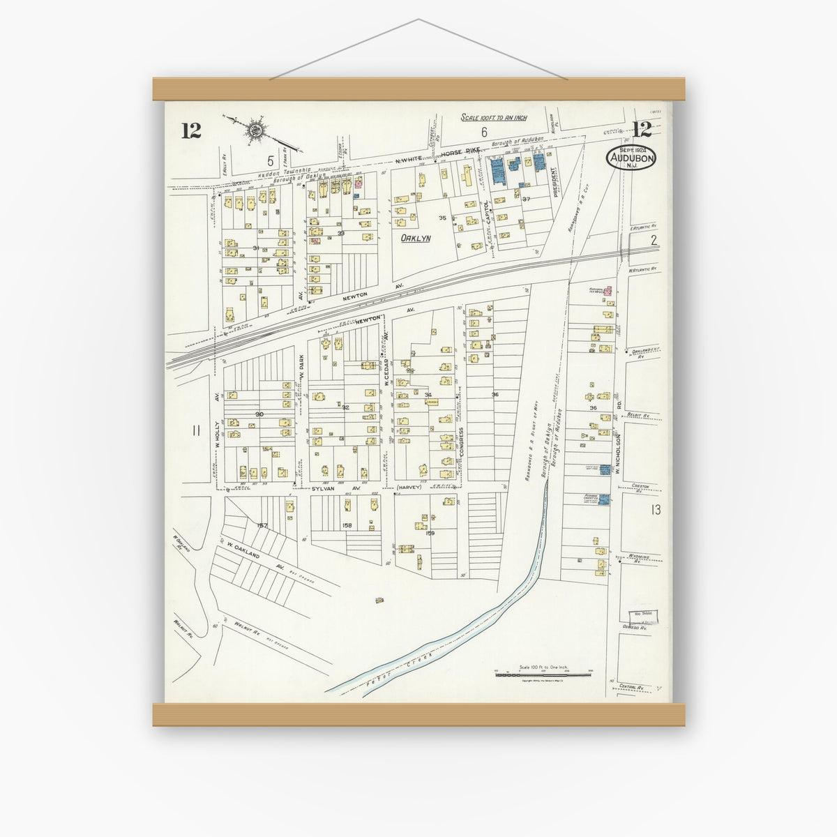 Old map wall art mockup — magnetic wood frame on white wall — Sanborn Fire Insurance Map from Audubon, Camden County, New Jersey (1924), Sheet #0012