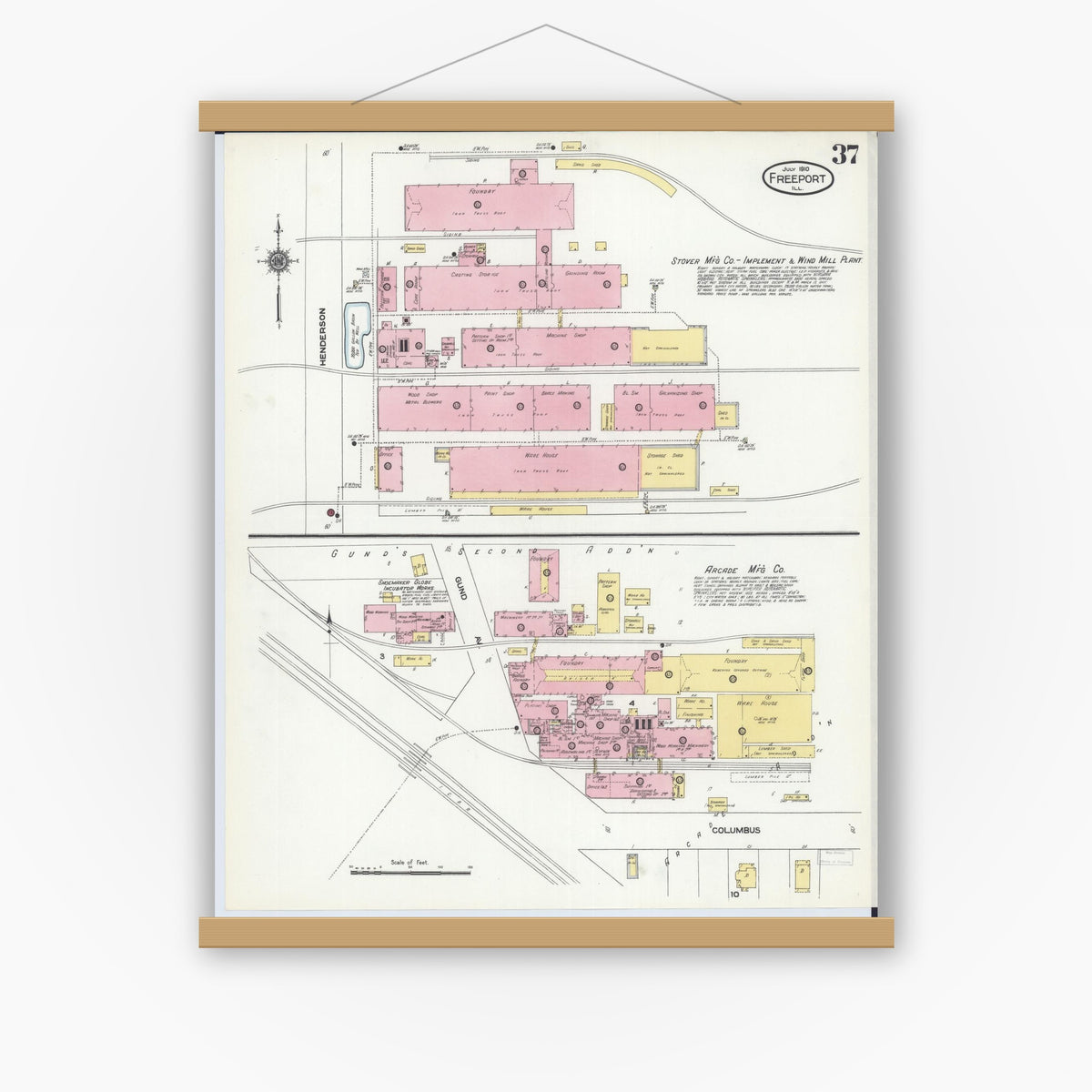 Old map wall art mockup — magnetic wood frame on white wall — Sanborn Fire Insurance Map from Freeport, Stephenson County, Illinois (1910), Sheet #0037