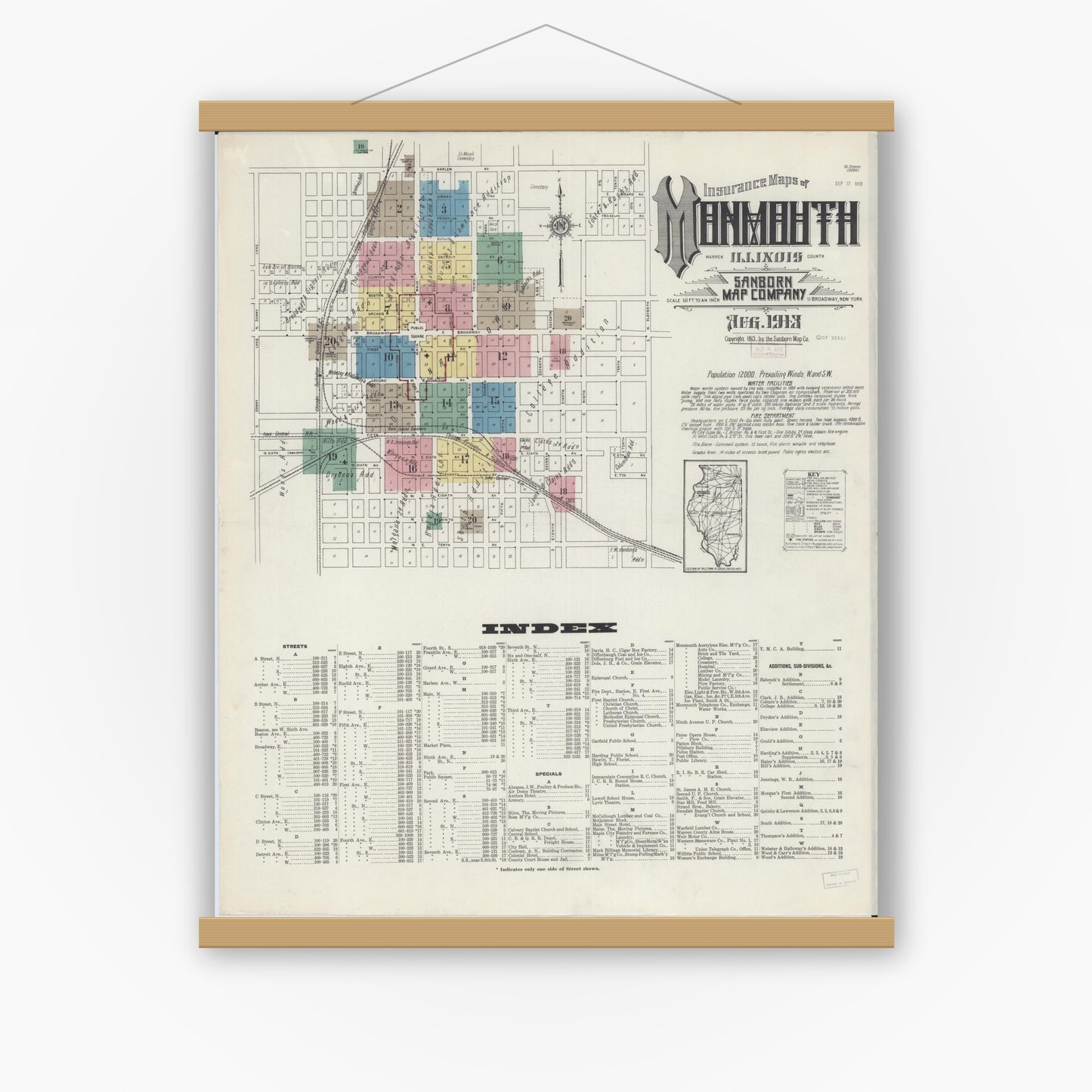 Old map wall art mockup — magnetic wood frame on white wall — Sanborn Fire Insurance Map from Monmouth, Warren County, Illinois (1913) - Complete Map Set
