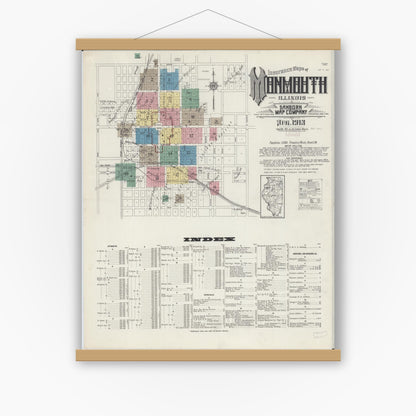 Old map wall art mockup — magnetic wood frame on white wall — Sanborn Fire Insurance Map from Monmouth, Warren County, Illinois (1913) - Complete Map Set