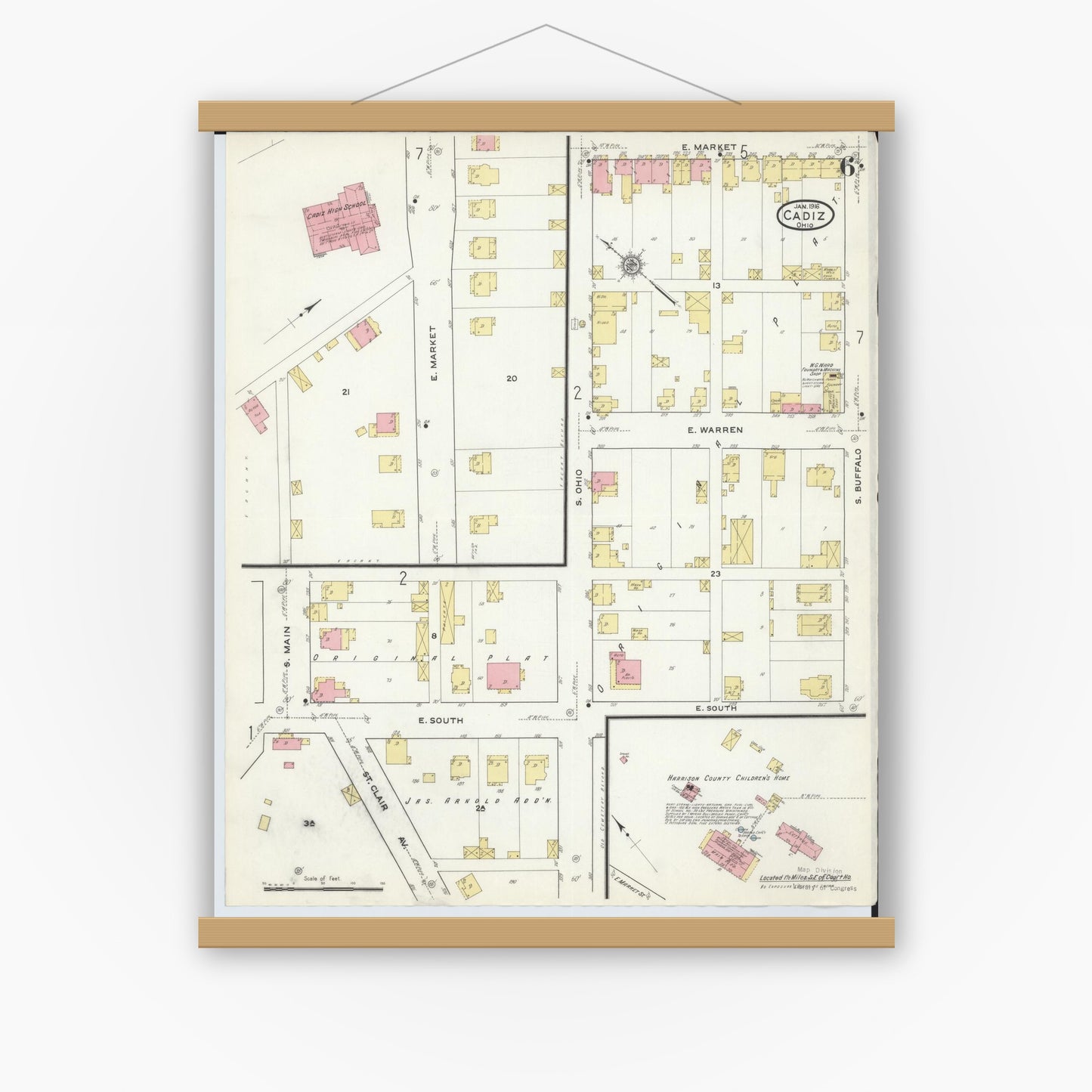 Old map wall art mockup — magnetic wood frame on white wall — Sanborn Fire Insurance Map from Cadiz, Harrison County, Ohio (1916), Sheet #0006