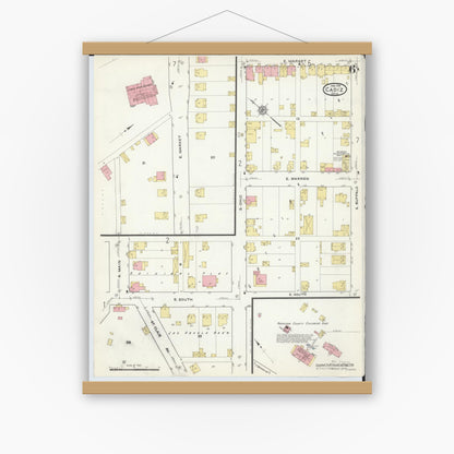 Old map wall art mockup — magnetic wood frame on white wall — Sanborn Fire Insurance Map from Cadiz, Harrison County, Ohio (1916), Sheet #0006