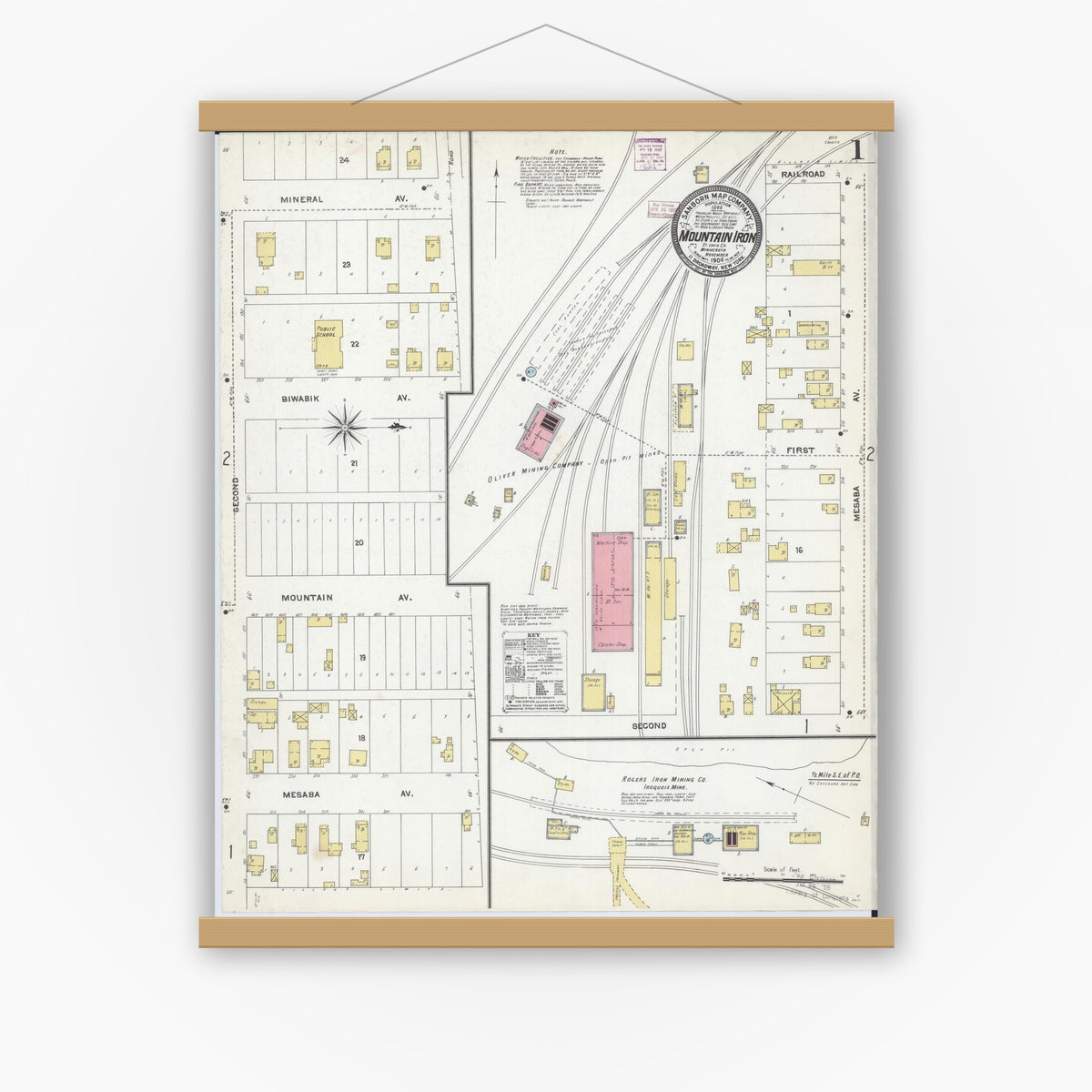 Old map wall art mockup — magnetic wood frame on white wall — Sanborn Fire Insurance Map from Mountain Iron, Saint Louis County, Minnesota (1906) - Complete Map Set