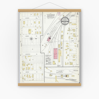Old map wall art mockup — magnetic wood frame on white wall — Sanborn Fire Insurance Map from Mountain Iron, Saint Louis County, Minnesota (1906) - Complete Map Set