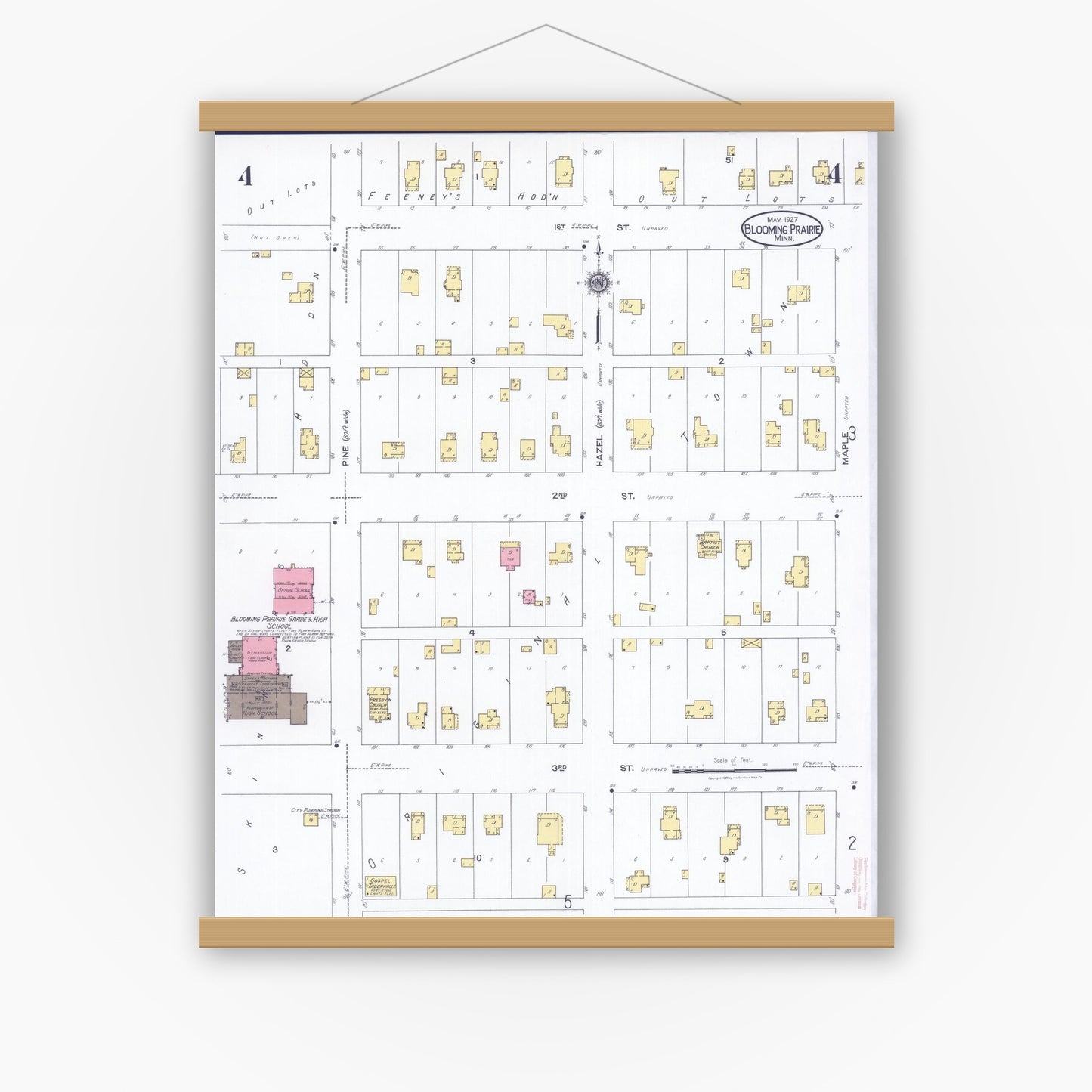 Old map wall art mockup — magnetic wood frame on white wall — Sanborn Fire Insurance Map from Blooming Prairie, Steele County, Minnesota (1927), Sheet #0004