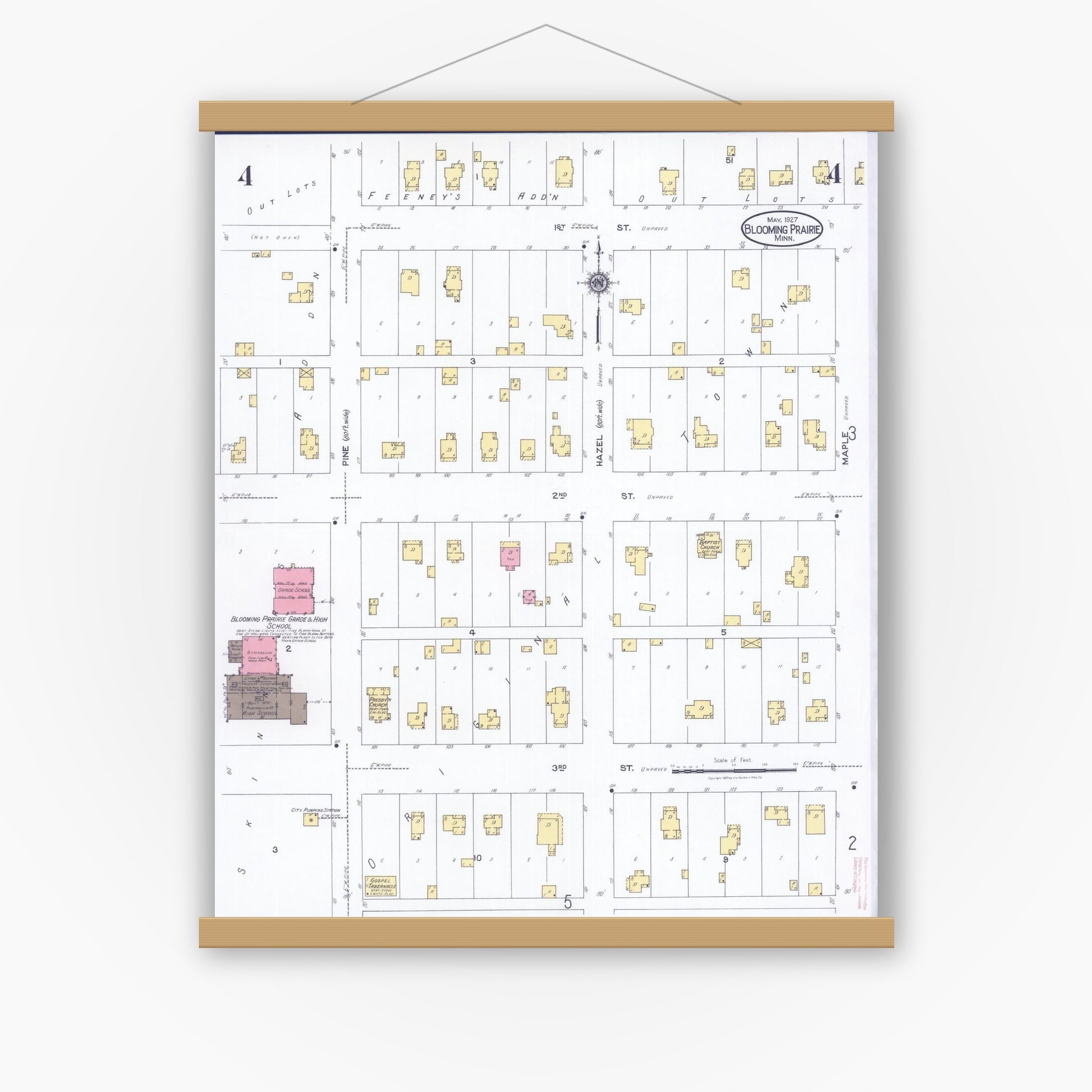Old map wall art mockup — magnetic wood frame on white wall — Sanborn Fire Insurance Map from Blooming Prairie, Steele County, Minnesota (1927), Sheet #0004