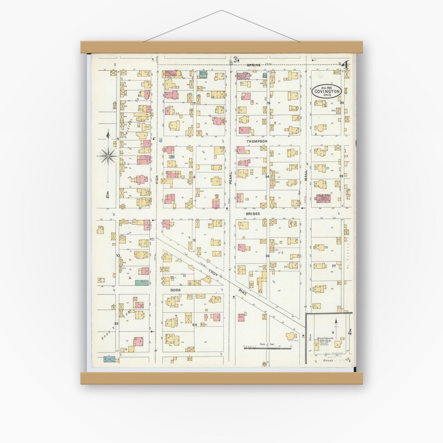 Old map wall art mockup — magnetic wood frame on white wall — Sanborn Fire Insurance Map from Covington, Miami County, Ohio (1905), Sheet #0004
