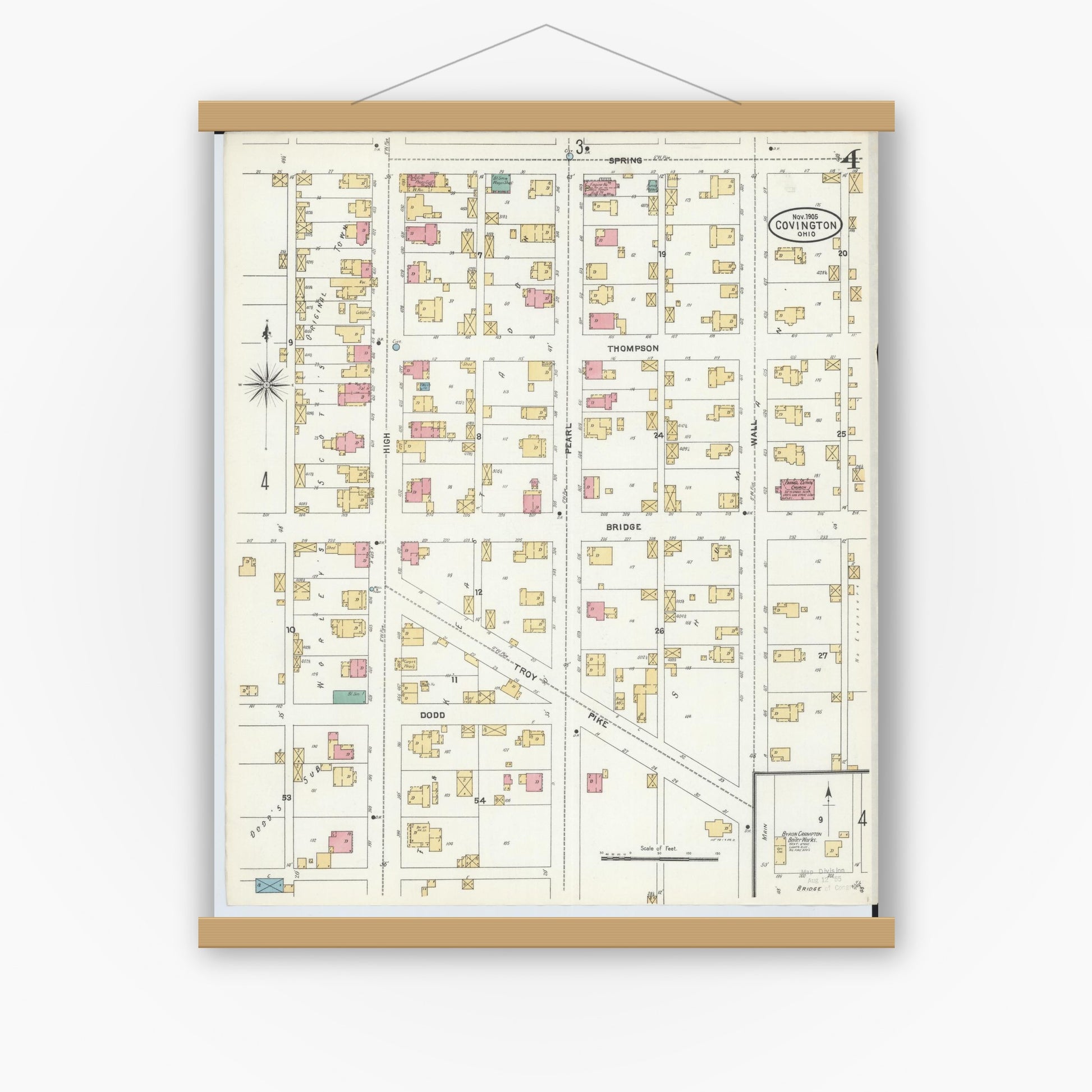 Old map wall art mockup — magnetic wood frame on white wall — Sanborn Fire Insurance Map from Covington, Miami County, Ohio (1905), Sheet #0004