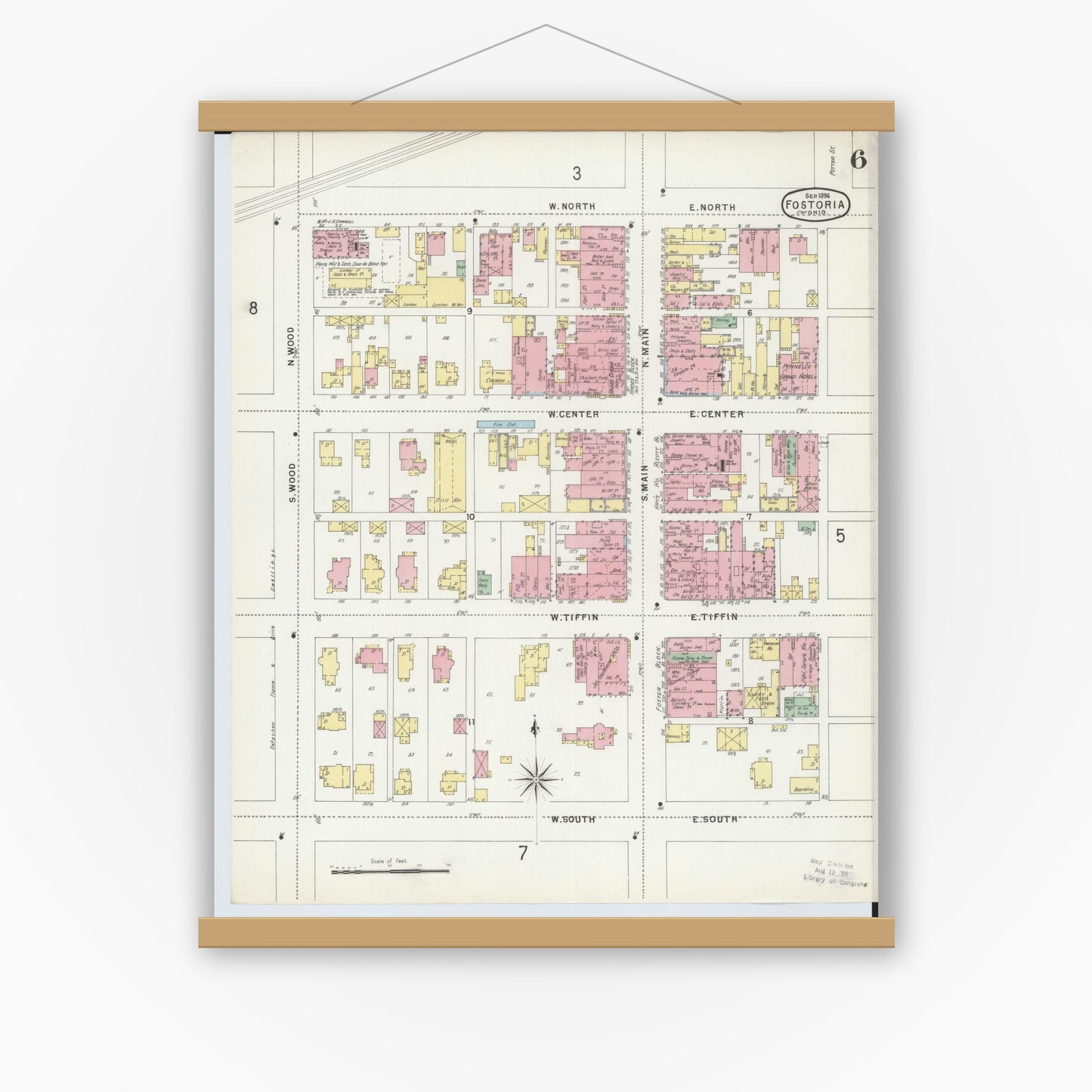 Old map wall art mockup — magnetic wood frame on white wall — Sanborn Fire Insurance Map from Fostoria, Seneca, Hancock, And Wood Counties, Ohio (1896), Sheet #0006
