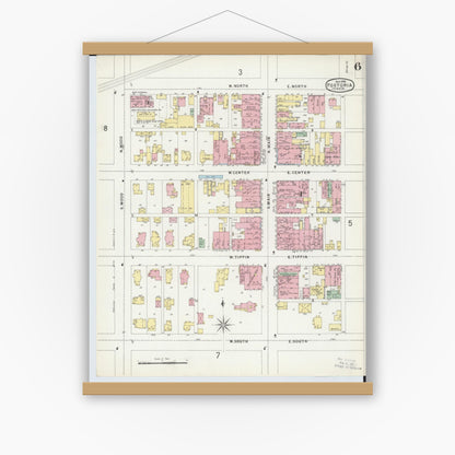 Old map wall art mockup — magnetic wood frame on white wall — Sanborn Fire Insurance Map from Fostoria, Seneca, Hancock, And Wood Counties, Ohio (1896), Sheet #0006