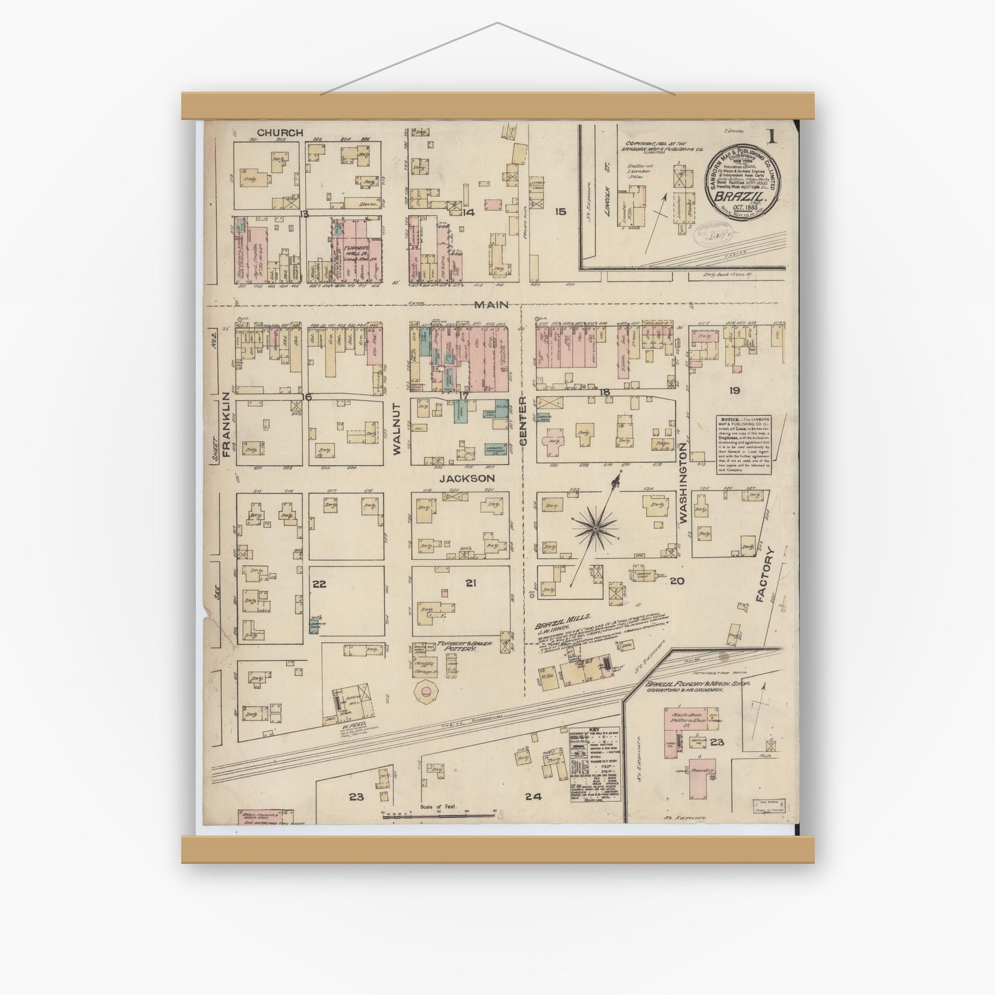 Old map wall art mockup — magnetic wood frame on white wall — Sanborn Fire Insurance Map from Brazil, Clay County, Indiana (1883) - Complete Map Set