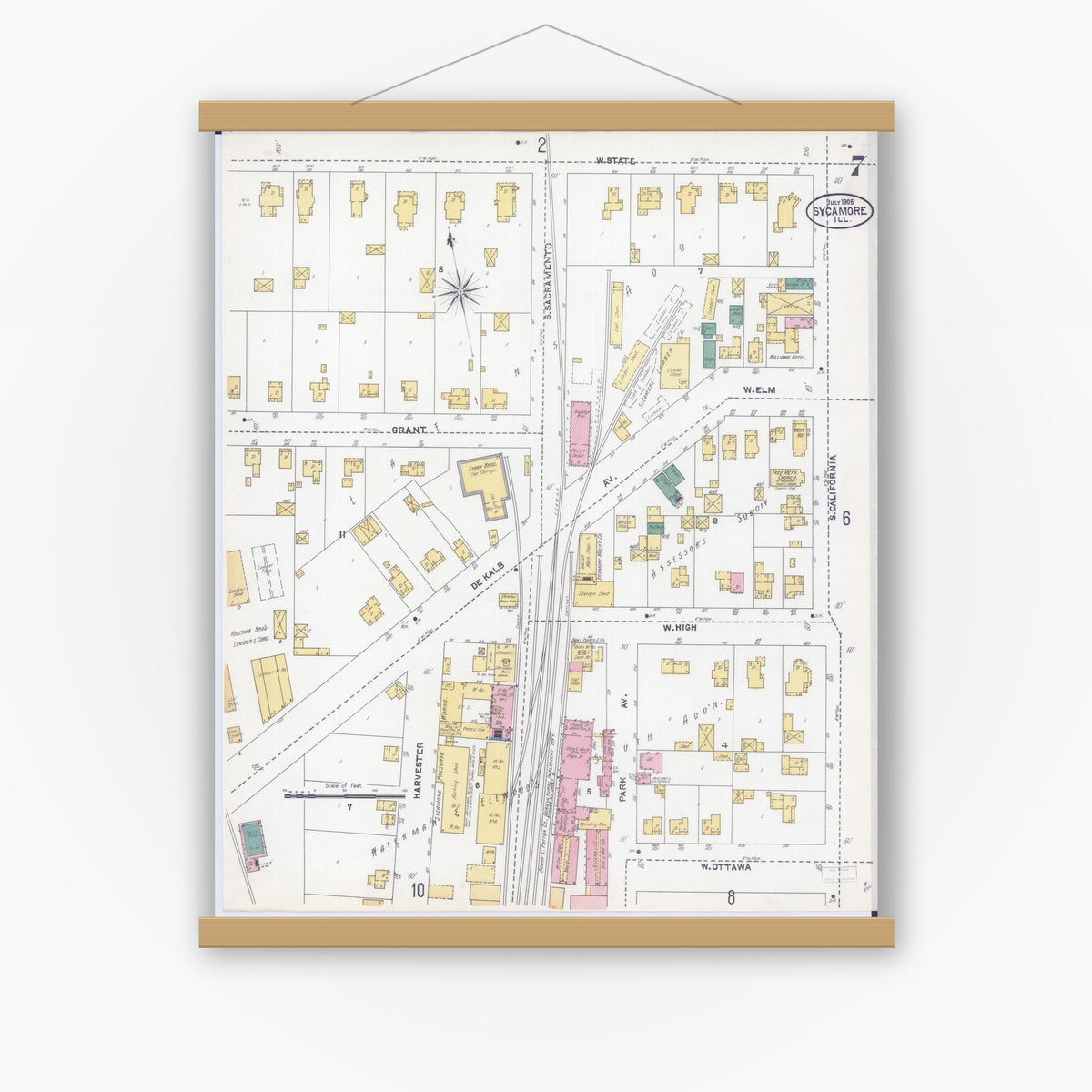 Old map wall art mockup — magnetic wood frame on white wall — Sanborn Fire Insurance Map from Sycamore, De Kalb County, Illinois (1905), Sheet #0007