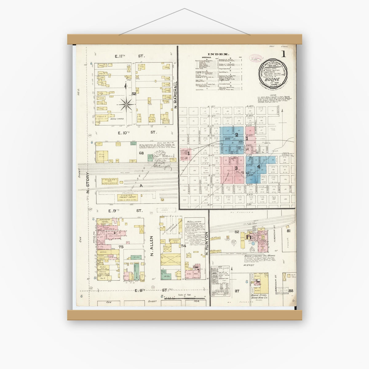 Old map wall art mockup — magnetic wood frame on white wall — Sanborn Fire Insurance Map from Boone, Boone County, Iowa (1888) â€” Complete Set