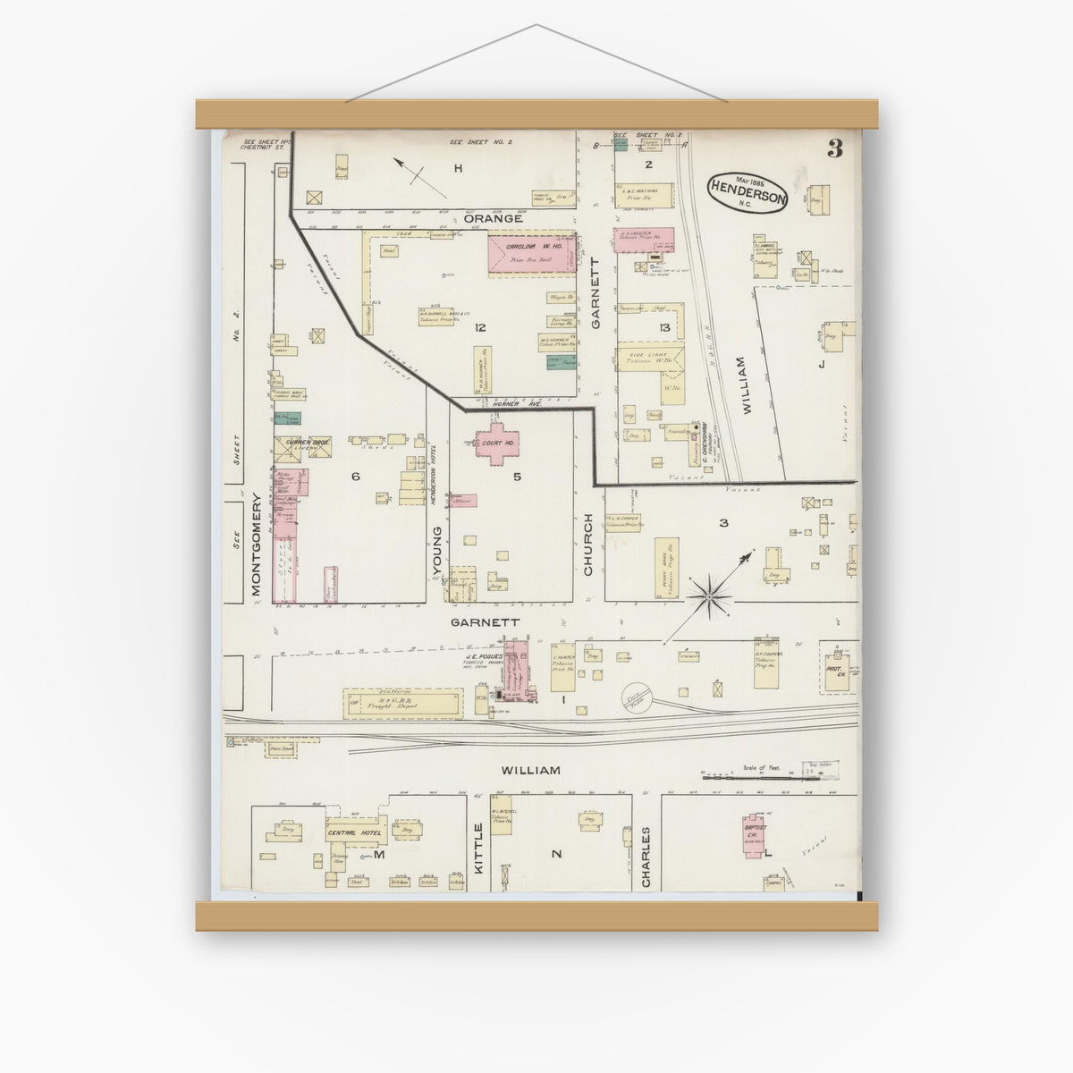 Old map wall art mockup — magnetic wood frame on white wall — Sanborn Fire Insurance Map from Henderson, Vance County, North Carolina (1885), Sheet #0003