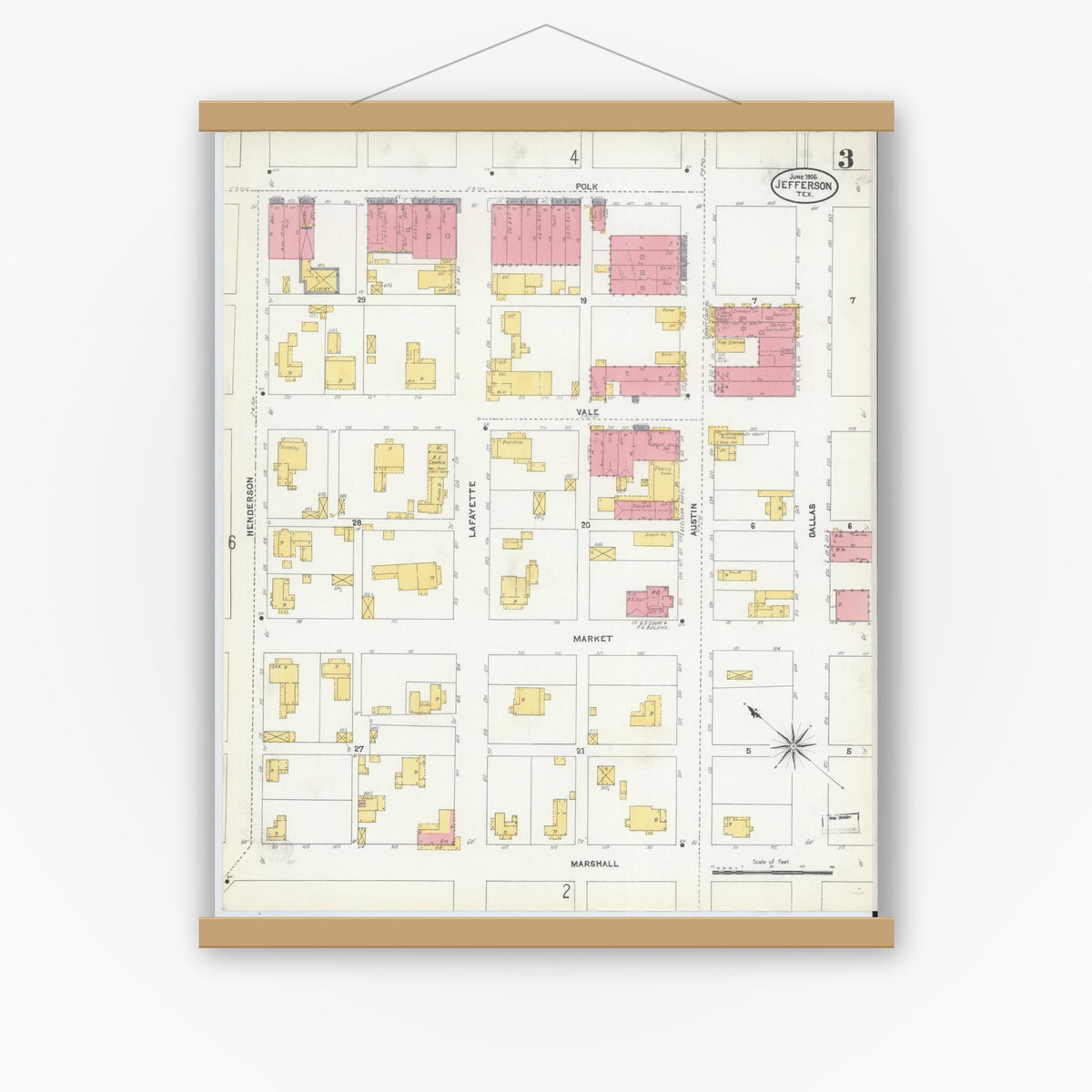 Old map wall art mockup — magnetic wood frame on white wall — Sanborn Fire Insurance Map from Jefferson, Marion County, Texas (1906), Sheet #0003