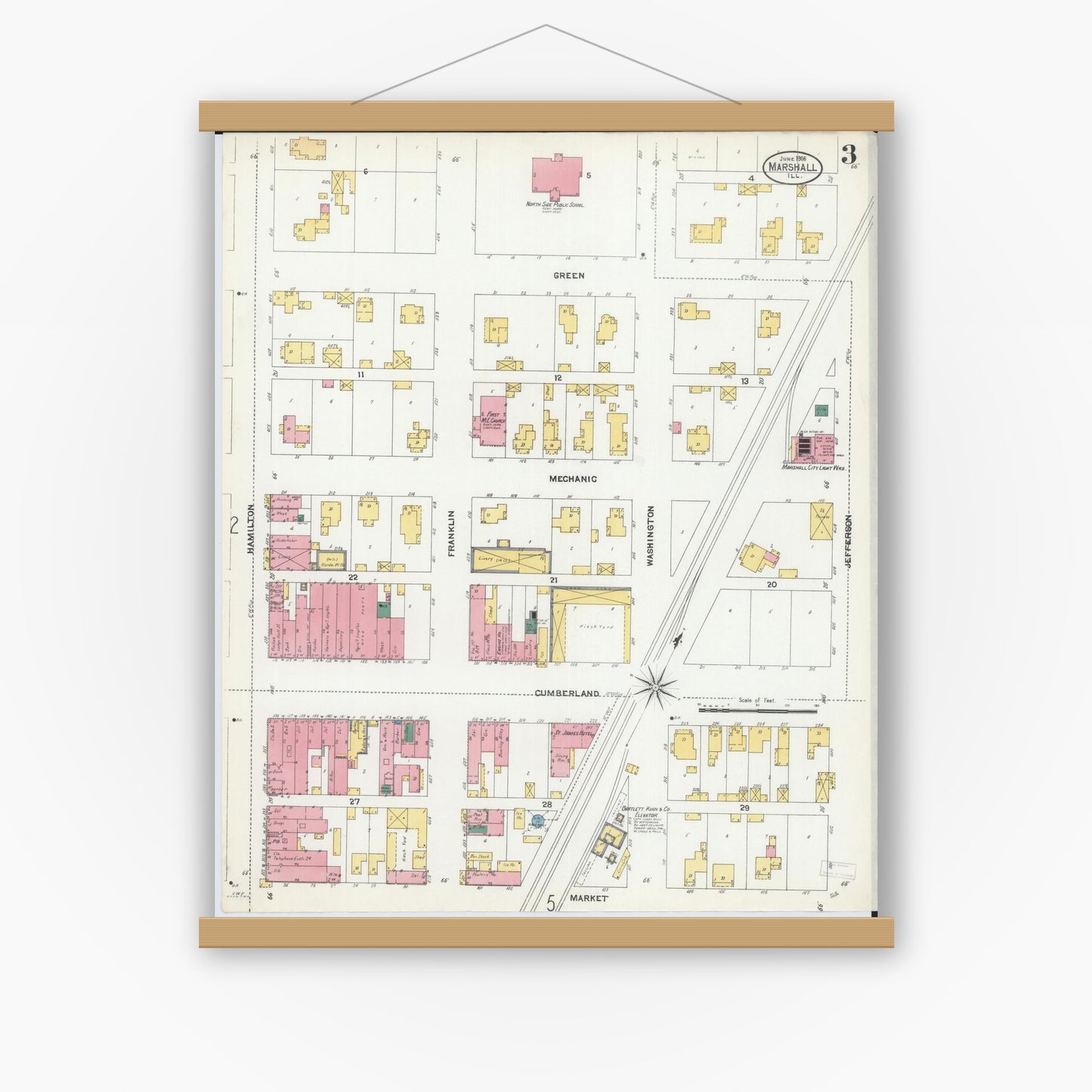 Old map wall art mockup — magnetic wood frame on white wall — Sanborn Fire Insurance Map from Marshall, Clark County, Illinois (1906), Sheet #0003