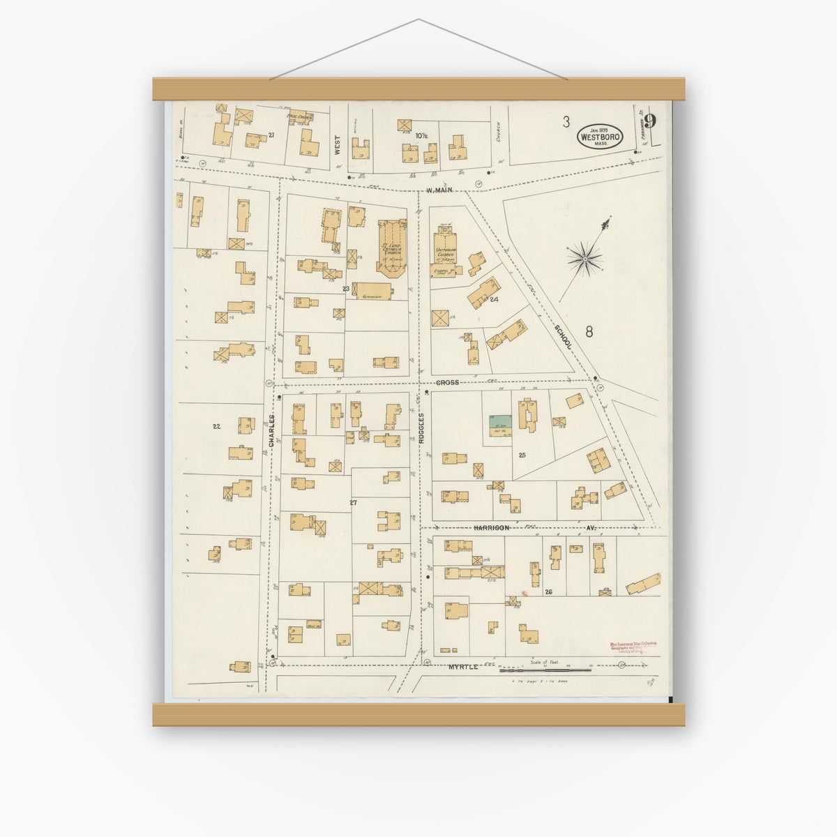 Old map wall art mockup — magnetic wood frame on white wall — Sanborn Fire Insurance Map from Westboro, Worcester County, Massachusetts (1899), Sheet #0009