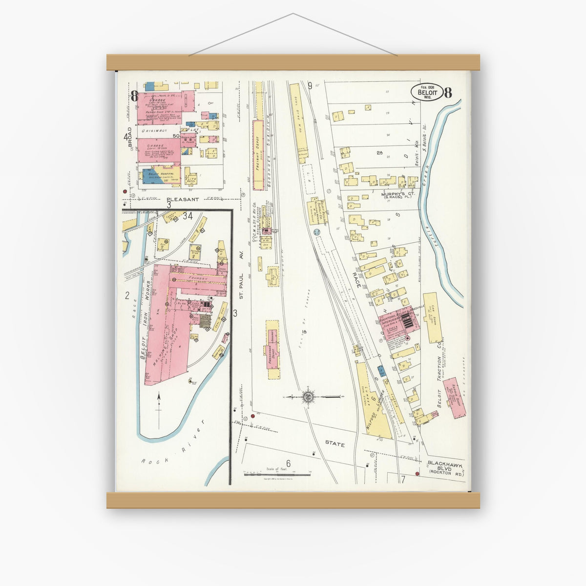 Old map wall art mockup — magnetic wood frame on white wall — Sanborn Fire Insurance Map from Beloit, Rock County, Wisconsin (1926), Sheet #0008