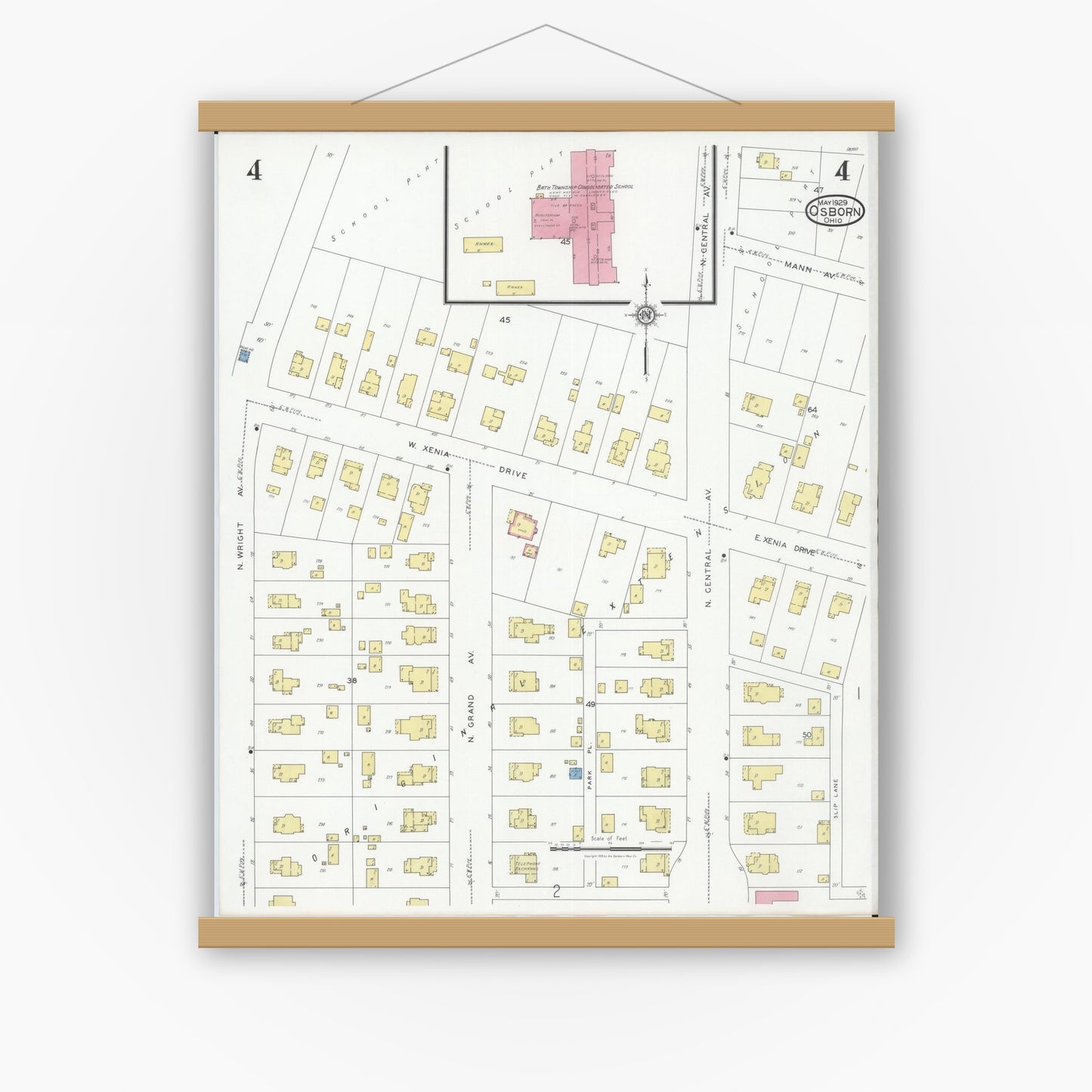 Old map wall art mockup — magnetic wood frame on white wall — Sanborn Fire Insurance Map from Osborn, Greene County, Ohio (1929), Sheet #0004