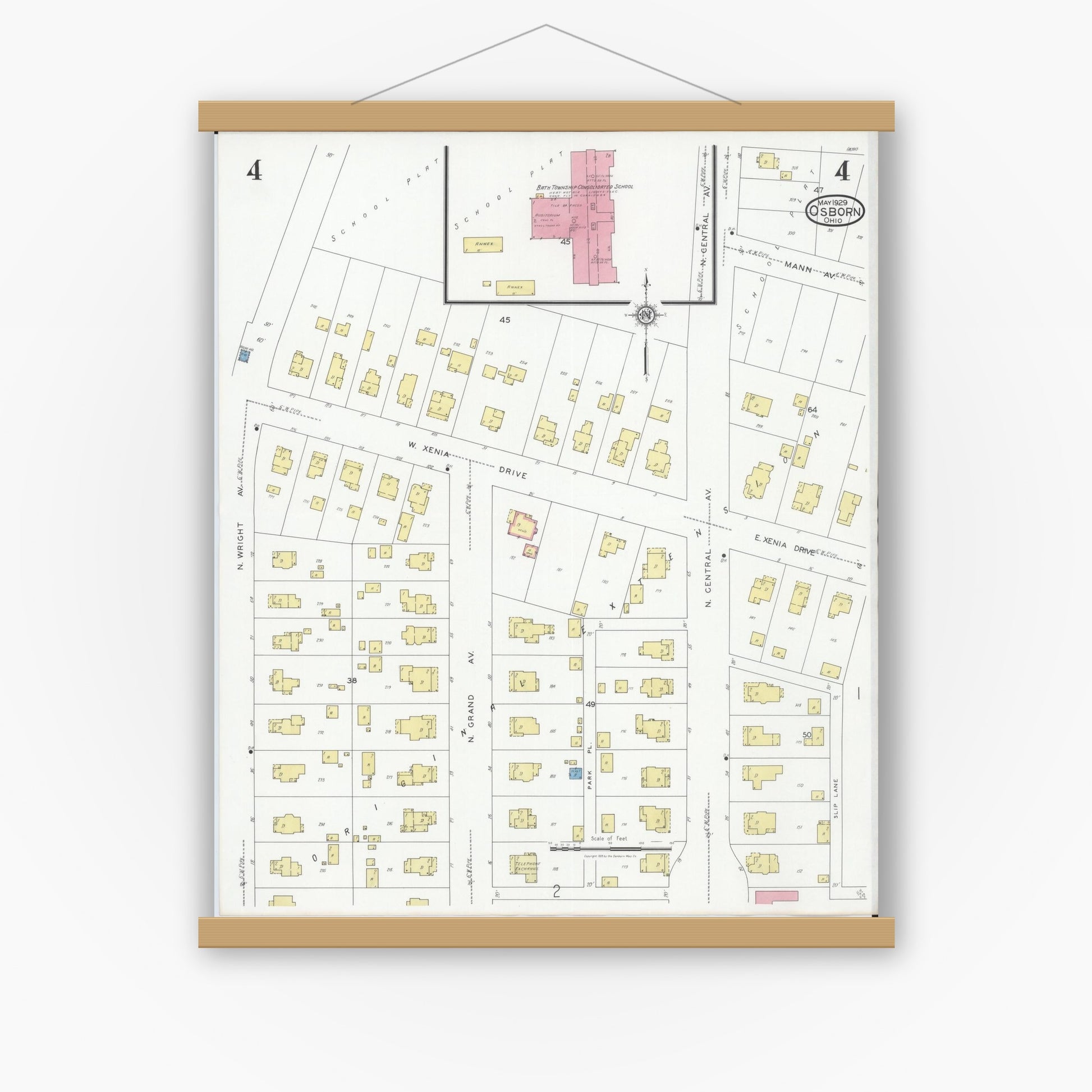 Old map wall art mockup — magnetic wood frame on white wall — Sanborn Fire Insurance Map from Osborn, Greene County, Ohio (1929), Sheet #0004