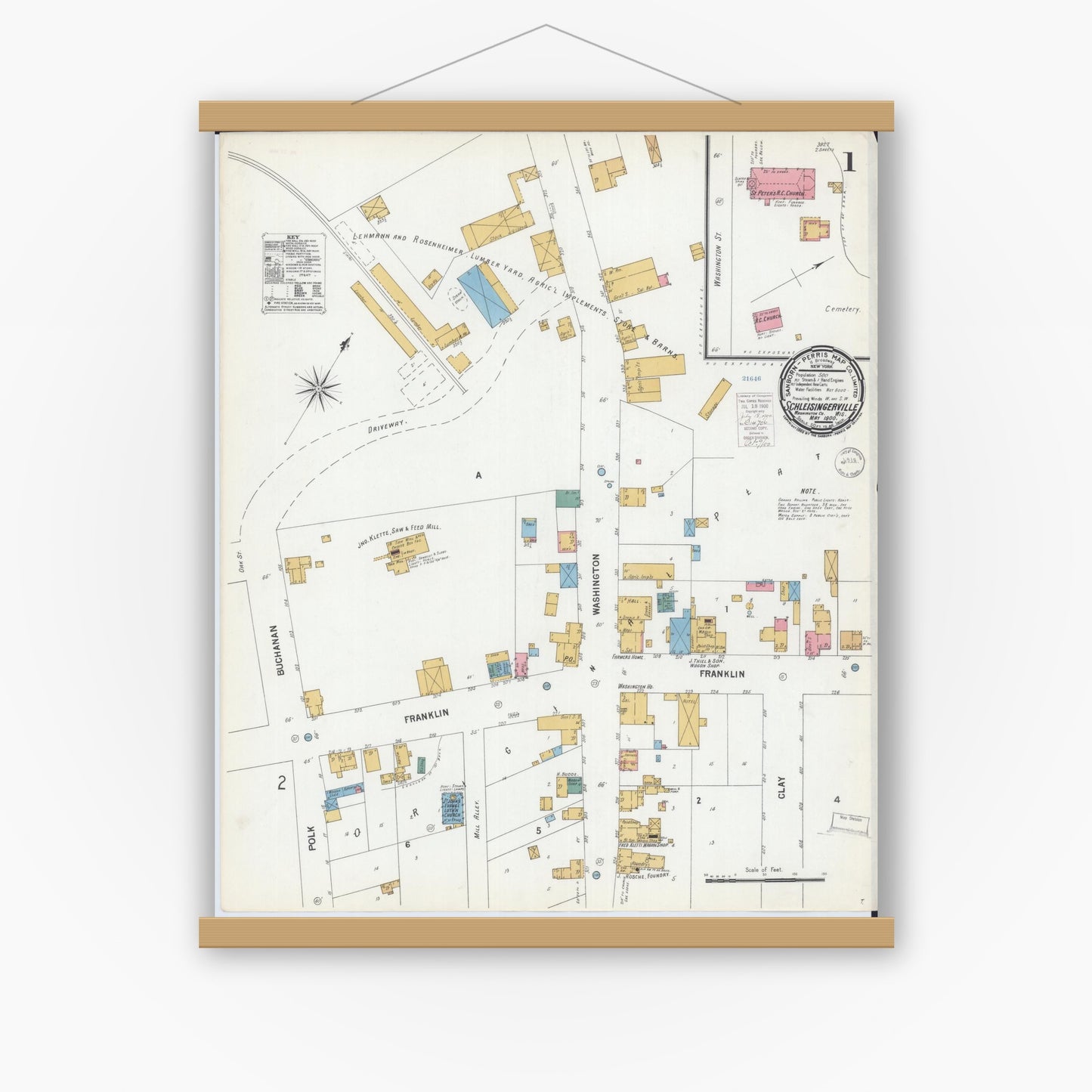 Old map wall art mockup — magnetic wood frame on white wall — Sanborn Fire Insurance Map from Schleisingerville, Washington County, Wisconsin (1900) - Complete Map Set