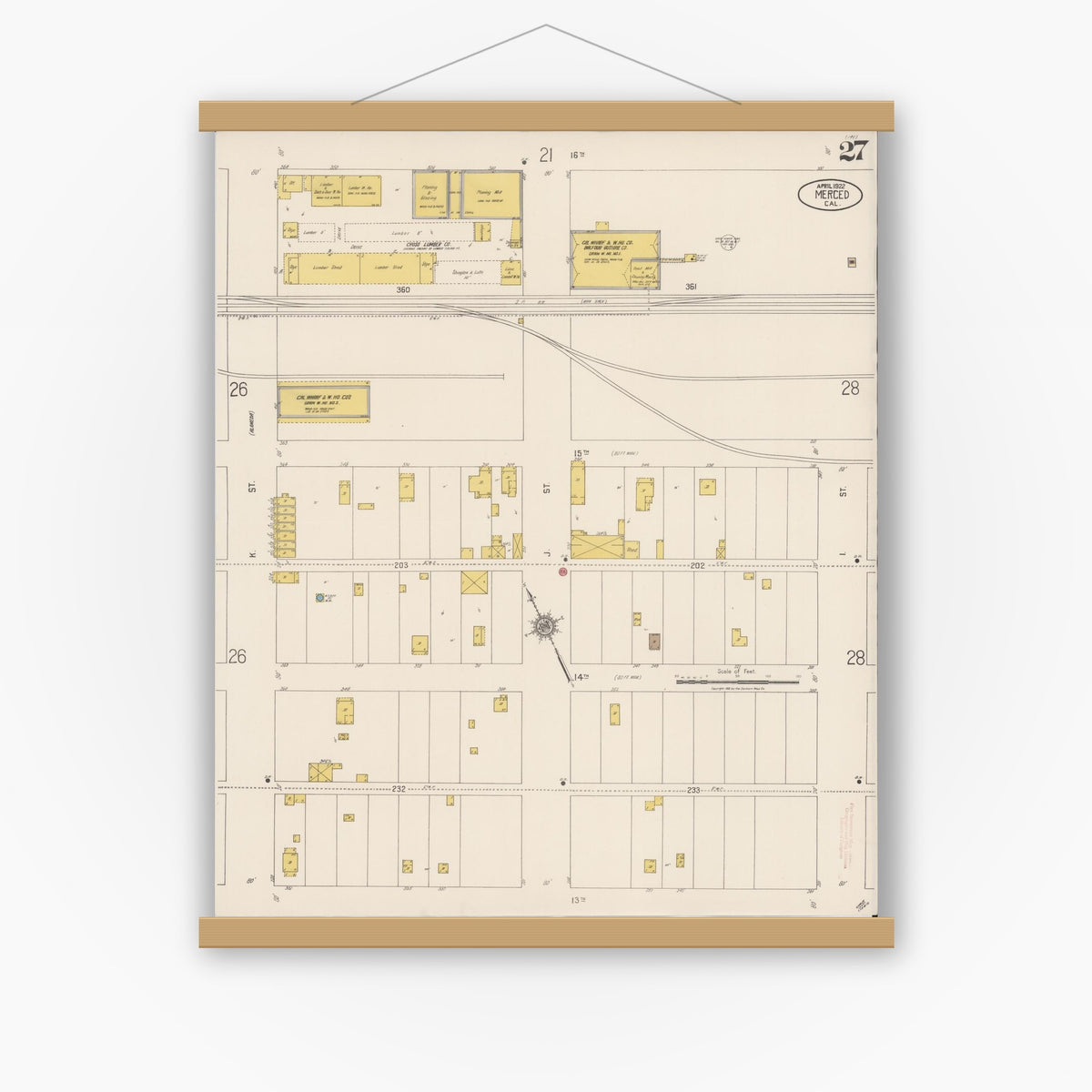 Old map wall art mockup — magnetic wood frame on white wall — Sanborn Fire Insurance Map from Merced, Merced County, California (1922), Sheet #0027