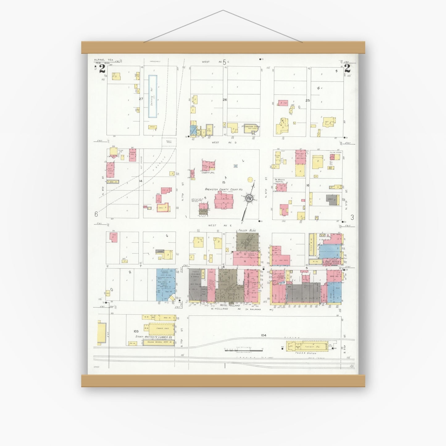Old map wall art mockup — magnetic wood frame on white wall — Sanborn Fire Insurance Map from Alpine, Brewster County, Texas (1933), Sheet #0002