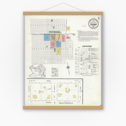 Old map wall art mockup — magnetic wood frame on white wall — Sanborn Fire Insurance Map from Quanah, Hardeman County, Texas (1915) - Complete Map Set