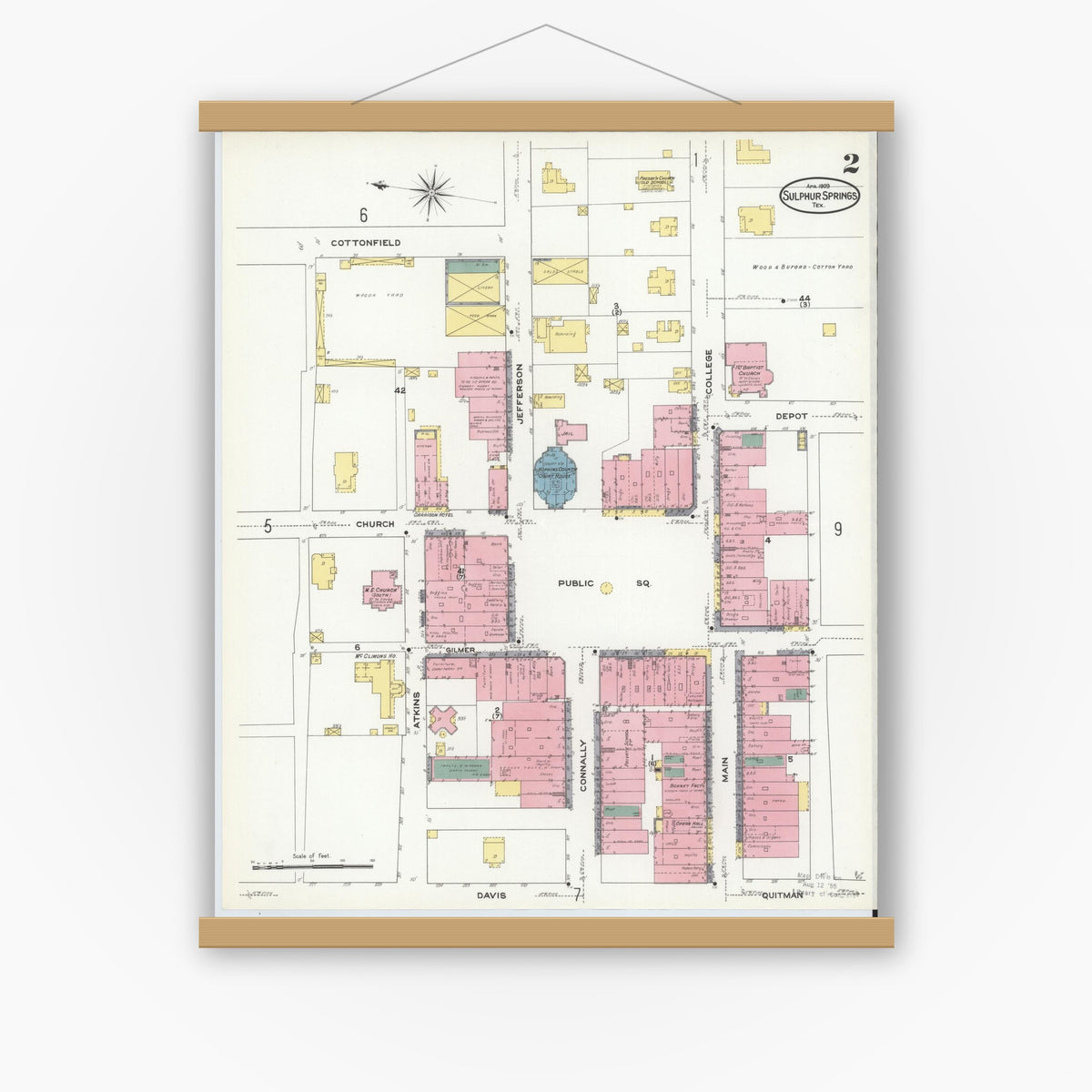 Old map wall art mockup — magnetic wood frame on white wall — Sanborn Fire Insurance Map from Sulphur Springs, Hopkins County, Texas (1909), Sheet #0002