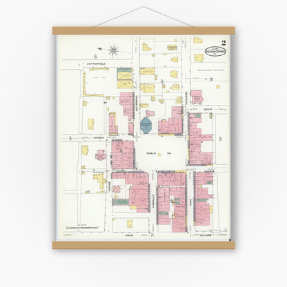 Old map wall art mockup — magnetic wood frame on white wall — Sanborn Fire Insurance Map from Sulphur Springs, Hopkins County, Texas (1909), Sheet #0002