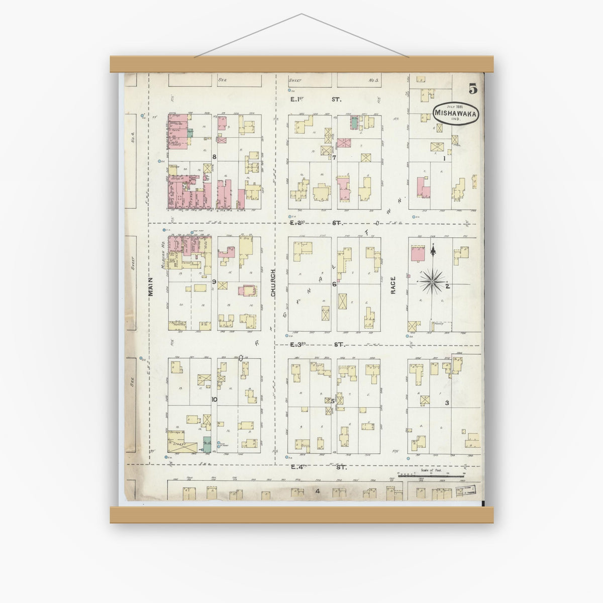 Old map wall art mockup — magnetic wood frame on white wall — Sanborn Fire Insurance Map from Mishawaka, Saint Joseph County, Indiana (1891), Sheet #0005