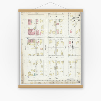 Old map wall art mockup — magnetic wood frame on white wall — Sanborn Fire Insurance Map from Mishawaka, Saint Joseph County, Indiana (1891), Sheet #0005