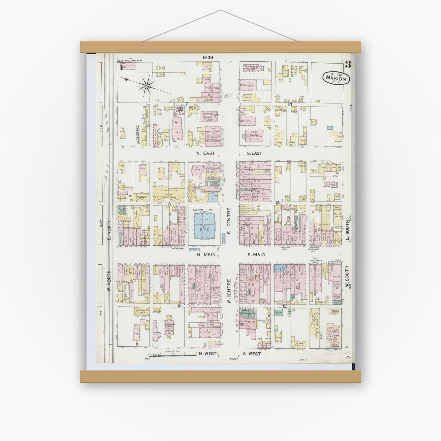 Old map wall art mockup — magnetic wood frame on white wall — Sanborn Fire Insurance Map from Marion, Marion County, Ohio (1888), Sheet #0003